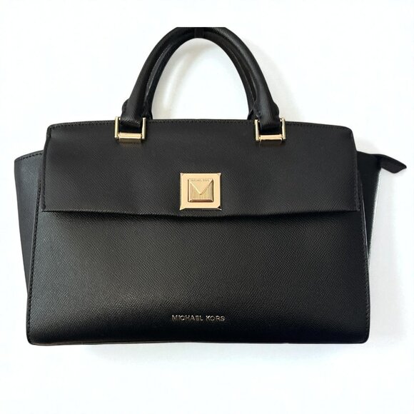 Michael Kors Sylvia Black Medium Leather Top Zip Satchel Shoulder Bag - Picture 1 of 4